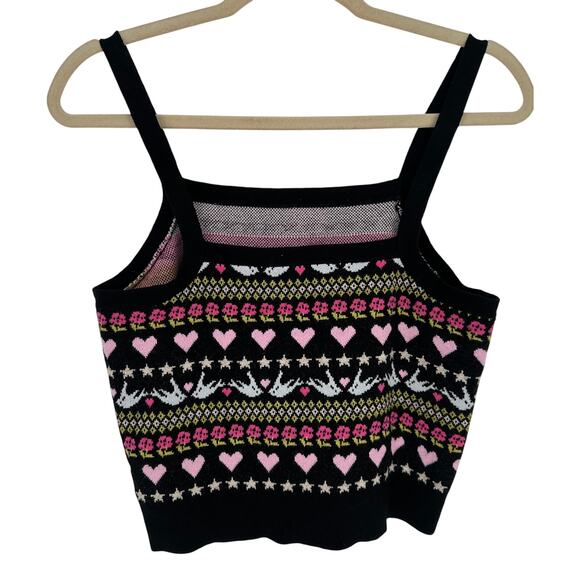 Anthropologie Maeve Cropped Sweater Black Pink Fair Isle Sleeveless Winter S - Picture 1 of 5
